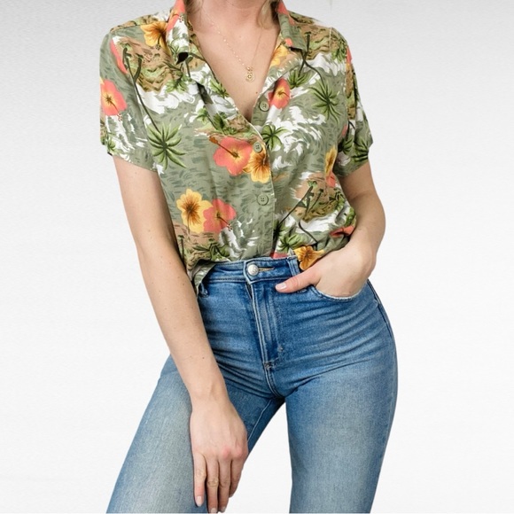 VINTAGE | White Stag Sage Moss Green Tropical Palm Hibiscus Print Hawaiian Shirt - Picture 3 of 8